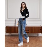 Womens High Waisted Jeans Stretchy Straight Leg Loose Fit Tummy Control Raw Hem Denim Pants Trendy 2025 Fashion