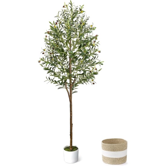 6FT Artificial Olive Tree - Indoor Tall Faux Olive Trees with Planter&Basket, Large Fake Olive Silk Tree Realistic Olive Plants with Branches and Fruits for Home Decor Office Living Room