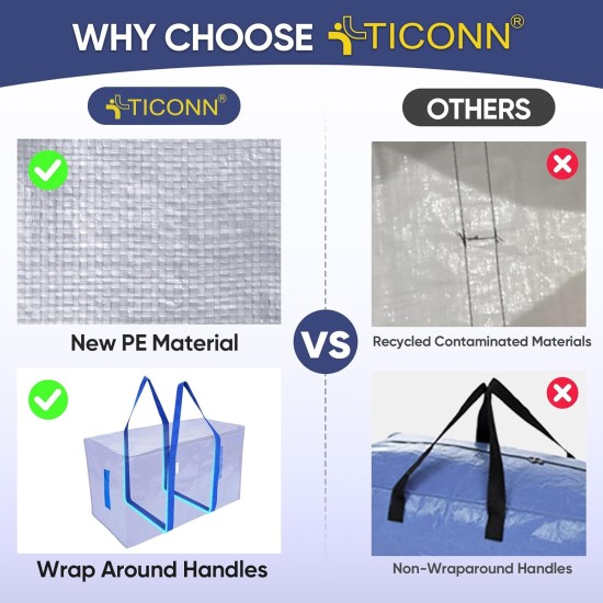 TICONN 6 Pack Extra Large Moving Bags Heavy Duty with Zippers & Carrying Handles, Durable Storage Bags Moving Boxes for Closet Organizers and Storage (6 Pack, Blue)