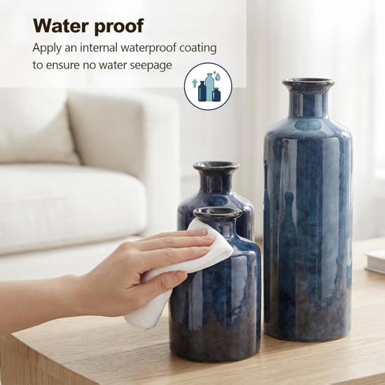 Blue Ceramic Vase Set - 3 Blue Small Vases, Farmhouse Country Flower Vase Home Decor, Living Room Decoration, Table Decoration, Fireplace Decor, and Entrance Decorations Centerpieces