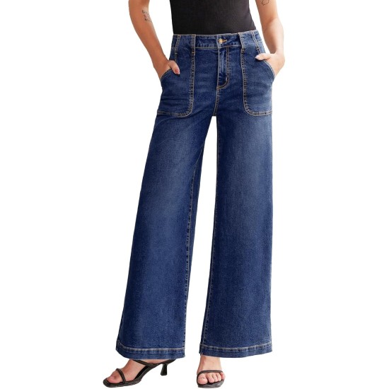 Sidefeel Womens Wide Leg Jeans High Waisted Stretchy Straight Leg Baggy Denim Pants with Pockets