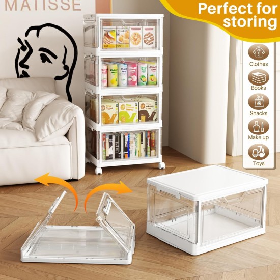 SNSLXH Portable Clear Storage Bins with Lid & Wheels, 24QT Clear Storage Bins with Lid, 4-Tier Plastic Bins with Wheels, Stackable, Magnetic Doors, for Bedroom, Living Room, Office