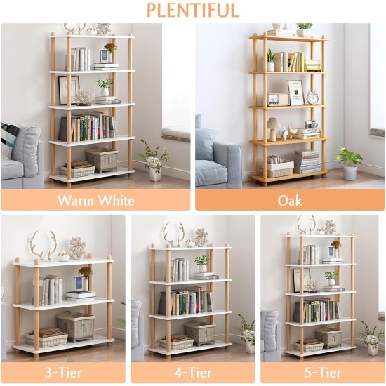 IOTXY 5-Tier Wooden Shelf Bookcase - Modern Open Bookshelf, Free Standing Storage Rack, Multifunctional Display Stand for Home and Office, Oak, Rectangle