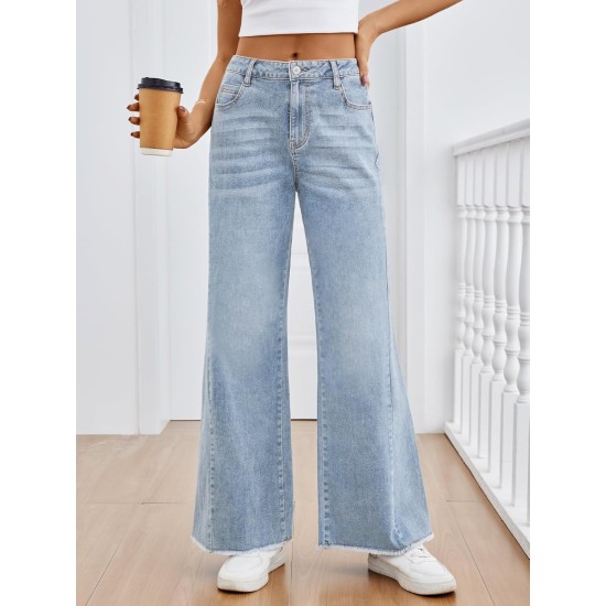 Trendy Queen Women's Wide Leg Jeans, Relaxed Loose Straight Leg with Raw Hem, Comfort Denim Pants