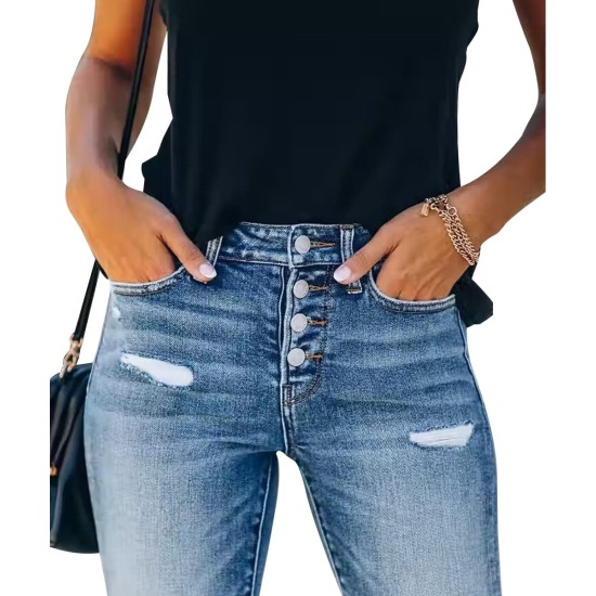 KUNMI Women's Ripped Skinny Slim Fit Jeans Frayed Distressed Stretchy Denim Pants