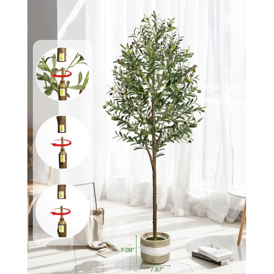 6FT Artificial Olive Tree - Indoor Tall Faux Olive Trees with Planter&Basket, Large Fake Olive Silk Tree Realistic Olive Plants with Branches and Fruits for Home Decor Office Living Room