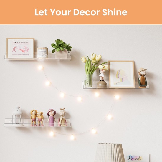 upsimples Acrylic Shelves for Bathroom Storage, 15" Floating Shelves Wall Organizer for Perfume, Make up, Skincare, Kids Bookshelf for Bedroom, Nursery, Living Room Decor, Clear, 4 Pack