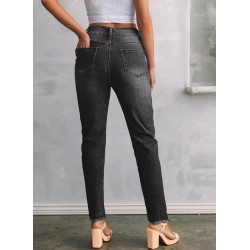 Sidefeel Women's High Waisted Jeans Strechy Fashion Raw Hem Straight Leg Ankle Denim Pants with Pockets