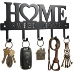 WIPHANY Entryway Wall Key Holder with 5 Hooks, Metal Key Rack Wall Mount for Keys, Bags and Leashes, Decorative Organizer for Entryway, Mudroom or Hallway, Sweet Home Design, 9.8 inches, Black