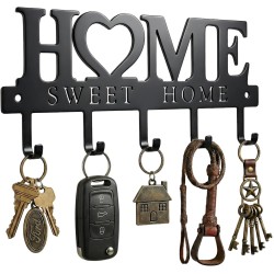 WIPHANY Entryway Wall Key Holder with 5 Hooks, Metal Key Rack Wall Mount for Keys, Bags and Leashes, Decorative Organizer for Entryway, Mudroom or Hallway, Sweet Home Design, 9.8 inches, Black