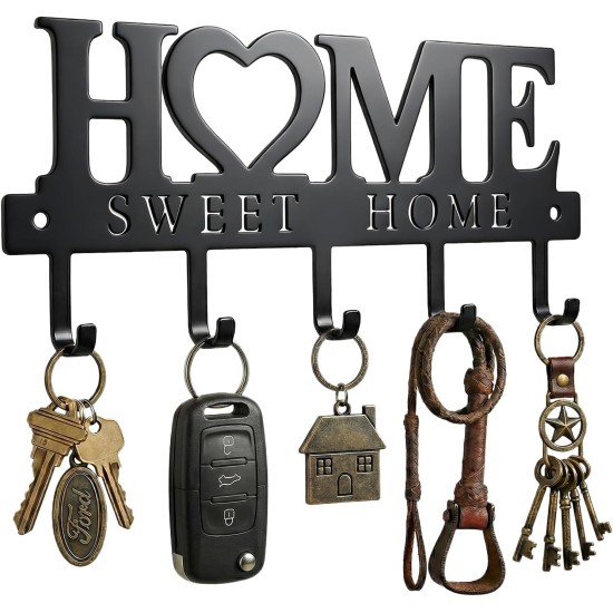 WIPHANY Entryway Wall Key Holder with 5 Hooks, Metal Key Rack Wall Mount for Keys, Bags and Leashes, Decorative Organizer for Entryway, Mudroom or Hallway, Sweet Home Design, 9.8 inches, Black