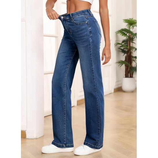 Sidefeel Women's Wide Leg Jeans High Waisted Tummy Control Stretchy Straight Leg Elastic Waist Trendy Denim Pants