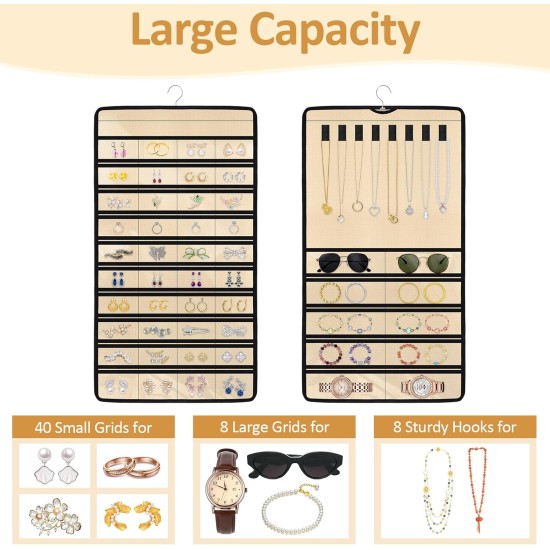 Hanging Jewelry Organizers and Storage, Double-Sided Jewelry Necklace Holder for Jewelries, Earrings, Accessories, Rings on Closet, Door, Wall (1,Beige)