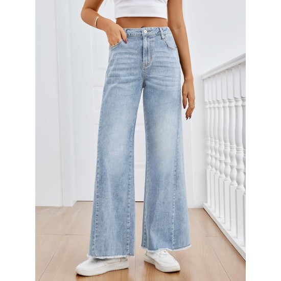 Trendy Queen Women's Wide Leg Jeans, Relaxed Loose Straight Leg with Raw Hem, Comfort Denim Pants