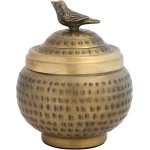 Round Hammered Metal Container with Bird Finial, Brass Finish Round Hammered Metal Container with Bird Finial, Brass Finish