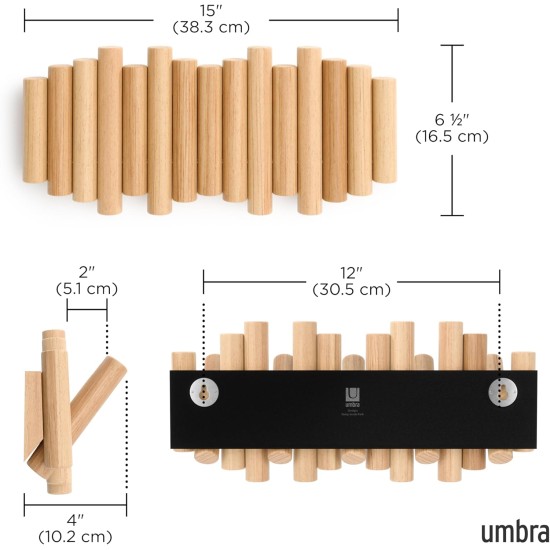 Umbra Picket Coat Rack Wall Mount – 5 Flip-Down Wood Coat Hooks, Modern & Functional Storage, Easy Install Wall Hooks, Natural