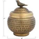 Round Hammered Metal Container with Bird Finial, Brass Finish Round Hammered Metal Container with Bird Finial, Brass Finish