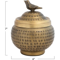 Round Hammered Metal Container with Bird Finial, Brass Finish Round Hammered Metal Container with Bird Finial, Brass Finish