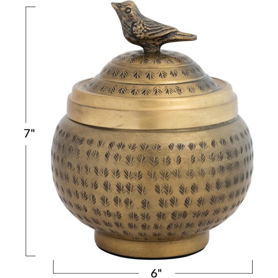 Round Hammered Metal Container with Bird Finial, Brass Finish Round Hammered Metal Container with Bird Finial, Brass Finish