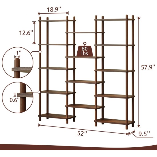 IOTXY Wooden Triple Wide Bookshelf - 5-Tier Large Shelf Bookcase with Solid Beech Frame, Tall Freestanding Open Etagere Display Rack for Home Office, Walnut