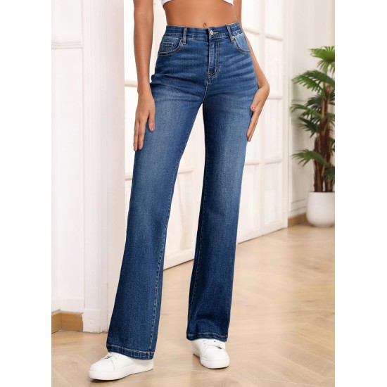 Sidefeel Women's Wide Leg Jeans High Waisted Tummy Control Stretchy Straight Leg Elastic Waist Trendy Denim Pants