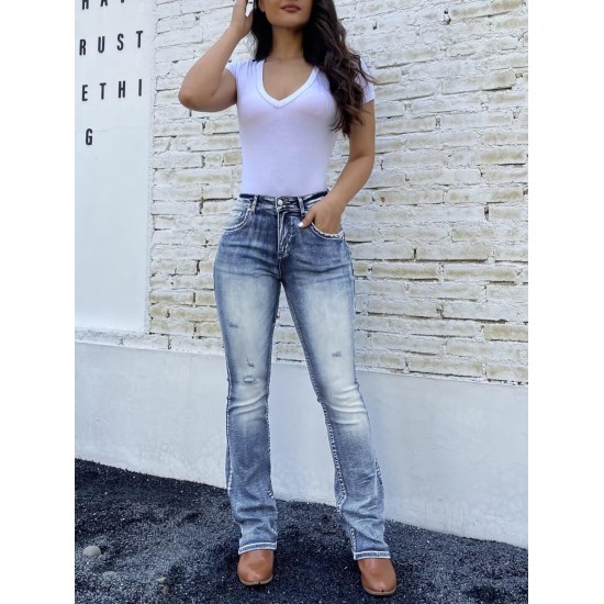 Flamingals Boot Cut Jeans for Women Trendy Stretch Jeans Butt Lifting Tummy Control Denim Pants Sea Blue 2XL