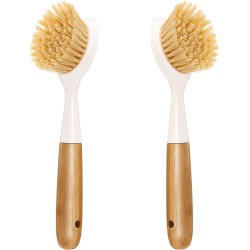 2 Pack Kitchen Dish Brush Bamboo Handle Dish Scrubber Built-in Scraper, Scrub Brush for Pans, Pots, Kitchen Sink Cleaning, Dishwashing and Cleaning Brushes are Perfect Cleaning Tools, White