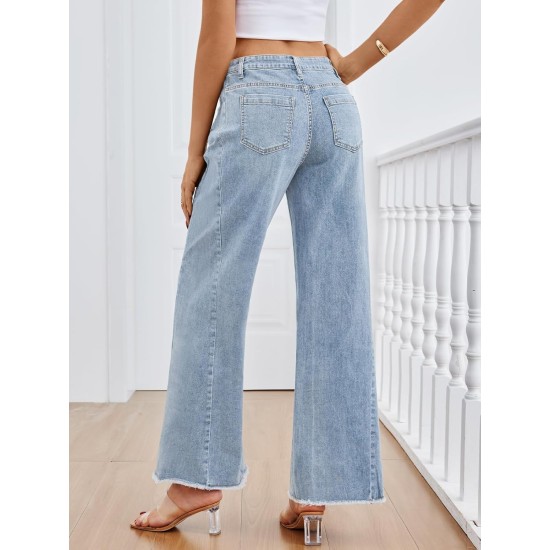 Trendy Queen Women's Wide Leg Jeans, Relaxed Loose Straight Leg with Raw Hem, Comfort Denim Pants