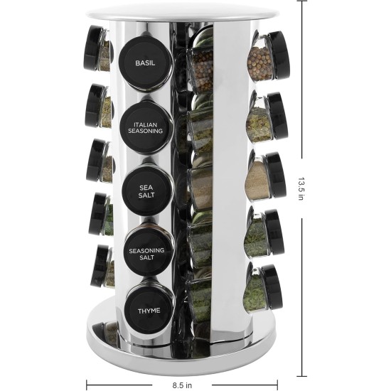Kamenstein 20 Jar Revolving Countertop Spice Rack with Spices Included, FREE Spice Refills for 5 Years, Polished Stainless Steel with Black Caps, 30020