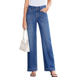 Sidefeel Women's Wide Leg Jeans High Waisted Stretchy Tummy Control Straight Leg Denim Pants
