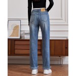 Womens High Waisted Jeans Stretchy Straight Leg Loose Fit Tummy Control Raw Hem Denim Pants Trendy 2025 Fashion