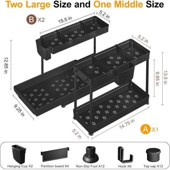 3 Pack Multi-Purpose Pull-Out Storage Organizers, 2-Tier L-Shaped Under Sink/Cabinet Organizers and Storage for Bathroom & Kitchen, Black, 12.8 Inches 3 Pack Multi-Purpose Pull-Out Storage Organizers, 2-Tier L-Shaped Under Sink/Cabinet Organizers and Storage for Bathroom & Kitchen, Black, 12.8 Inches