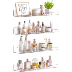 upsimples Acrylic Shelves for Bathroom Storage, 15" Floating Shelves Wall Organizer for Perfume, Make up, Skincare, Kids Bookshelf for Bedroom, Nursery, Living Room Decor, Clear, 4 Pack