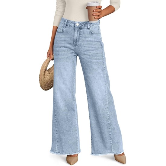 Trendy Queen Women's Wide Leg Jeans, Relaxed Loose Straight Leg with Raw Hem, Comfort Denim Pants