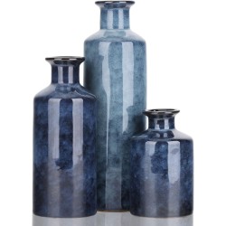 Blue Ceramic Vase Set - 3 Blue Small Vases, Farmhouse Country Flower Vase Home Decor, Living Room Decoration, Table Decoration, Fireplace Decor, and Entrance Decorations Centerpieces