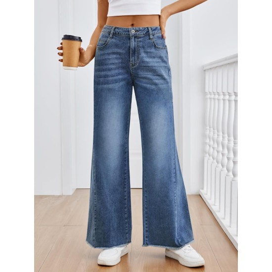Trendy Queen Women's Wide Leg Jeans, Relaxed Loose Straight Leg with Raw Hem, Comfort Denim Pants