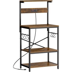 SUPERJARE Kitchen Bakers Rack with Power Outlet, Coffee Bar Table 4 Tiers, Kitchen Microwave Stand with 6 S-Shaped Hooks, Storage Shelf Rack for Spices, Pots and Pans - Rustic Brown
