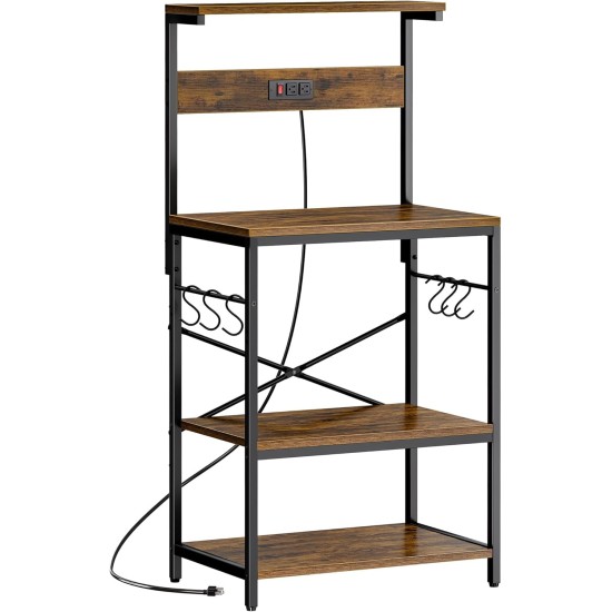 SUPERJARE Kitchen Bakers Rack with Power Outlet, Coffee Bar Table 4 Tiers, Kitchen Microwave Stand with 6 S-Shaped Hooks, Storage Shelf Rack for Spices, Pots and Pans - Rustic Brown