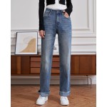 Womens High Waisted Jeans Stretchy Straight Leg Loose Fit Tummy Control Raw Hem Denim Pants Trendy 2025 Fashion