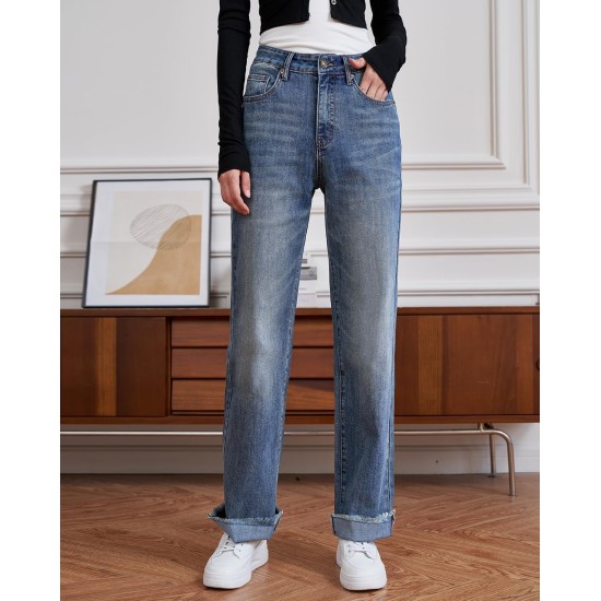 Womens High Waisted Jeans Stretchy Straight Leg Loose Fit Tummy Control Raw Hem Denim Pants Trendy 2025 Fashion