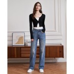 Womens High Waisted Jeans Stretchy Straight Leg Loose Fit Tummy Control Raw Hem Denim Pants Trendy 2025 Fashion