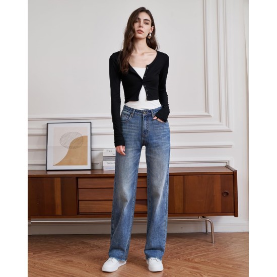 Womens High Waisted Jeans Stretchy Straight Leg Loose Fit Tummy Control Raw Hem Denim Pants Trendy 2025 Fashion