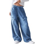 Haloumoning Girls Jeans Baggy Wide Leg Elastic High Waisted Denim Pants Y2K Boyfriend Jeans with Pockets 5-14Y