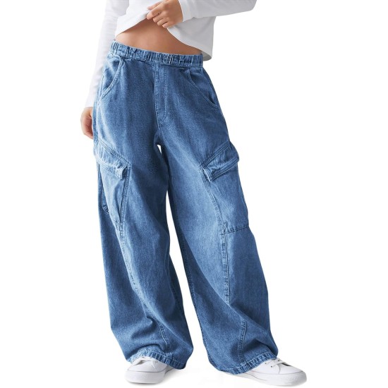 Haloumoning Girls Jeans Baggy Wide Leg Elastic High Waisted Denim Pants Y2K Boyfriend Jeans with Pockets 5-14Y