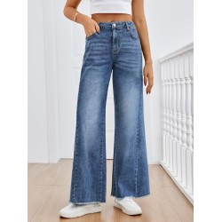 Trendy Queen Women's Wide Leg Jeans, Relaxed Loose Straight Leg with Raw Hem, Comfort Denim Pants