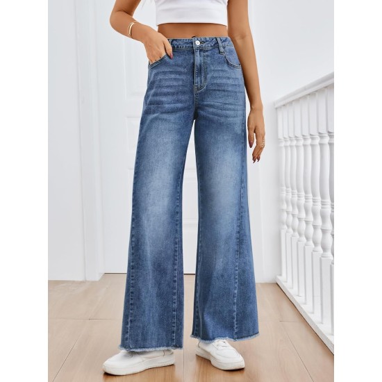 Trendy Queen Women's Wide Leg Jeans, Relaxed Loose Straight Leg with Raw Hem, Comfort Denim Pants