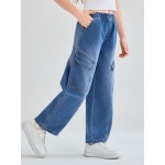 Haloumoning Girls Jeans Baggy Wide Leg Elastic High Waisted Denim Pants Y2K Boyfriend Jeans with Pockets 5-14Y