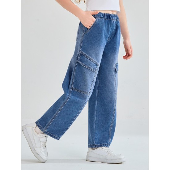 Haloumoning Girls Jeans Baggy Wide Leg Elastic High Waisted Denim Pants Y2K Boyfriend Jeans with Pockets 5-14Y