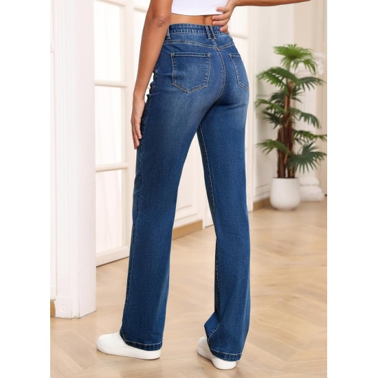 Sidefeel Women's Wide Leg Jeans High Waisted Tummy Control Stretchy Straight Leg Elastic Waist Trendy Denim Pants