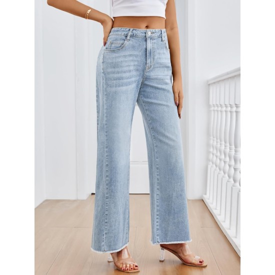 Trendy Queen Women's Wide Leg Jeans, Relaxed Loose Straight Leg with Raw Hem, Comfort Denim Pants